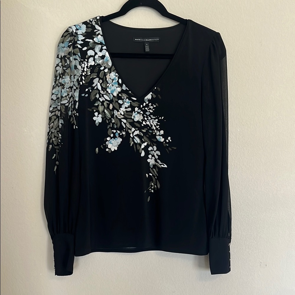 White House Black Market V-neck Sweater with  Long Chiffon Sleeves. Size S